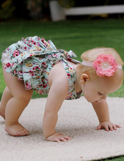 Baby Girl'S Floral Print Ruffles Romper Summer Clothes with Headband