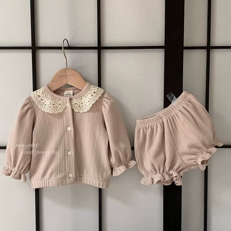 LaceMuse – Korean Style Baby Girl Cardigan & Shorts Set