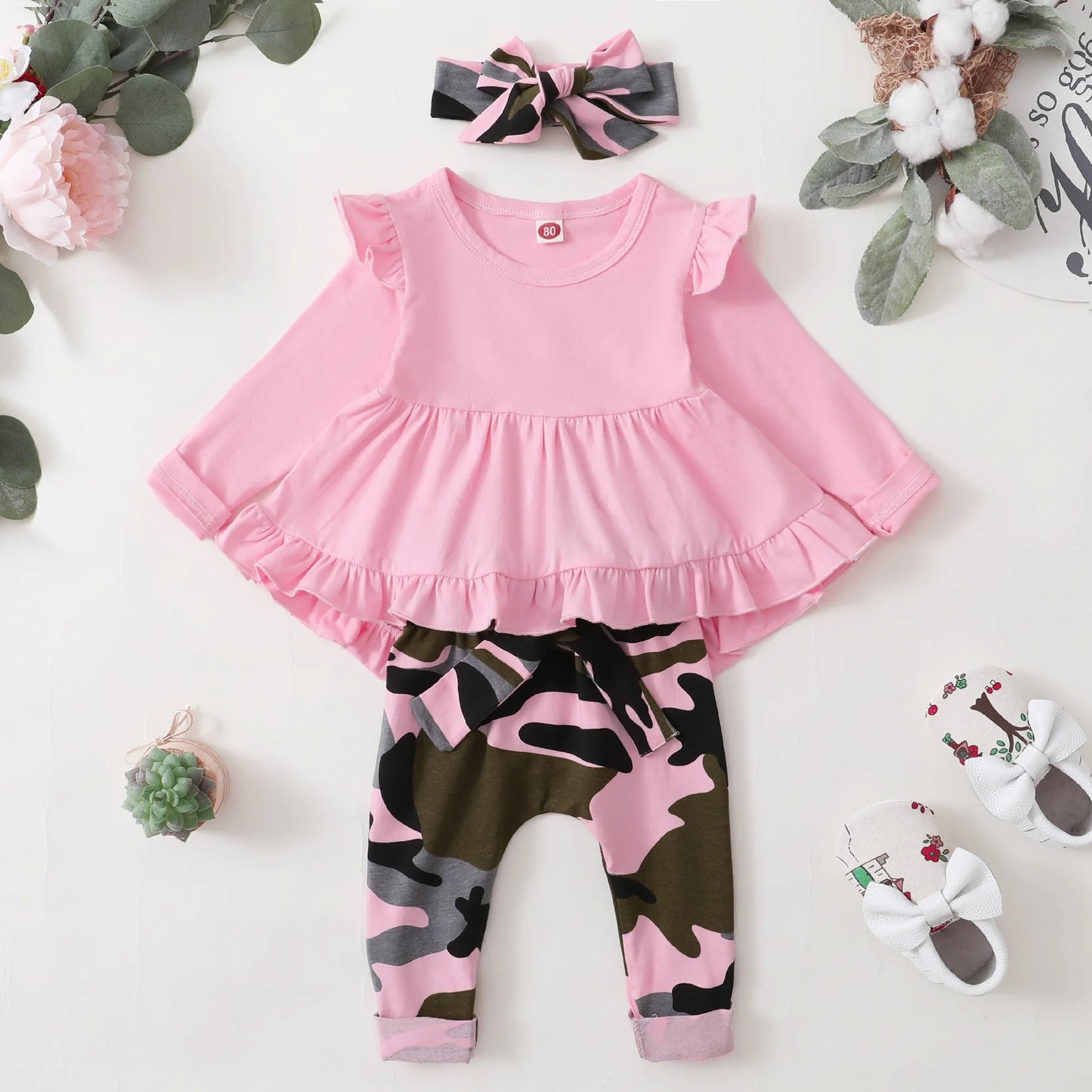 Baby Girl Clothes Toddler Girl Camo Outfit Ruffle Sleeve Shirt Floral Pant Set Fall Winter Clothing for Girl (3-4T, Pink)