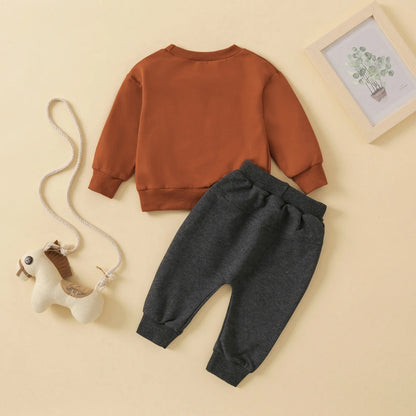 Baby Boy Outfits Toddler Boy Clothes 2T Toddler Baby Boy Fall Winter Clothes Letter Print Long Sleeve Sweatshirt Pullover Tops + Joggers Pants Outfit Set Brown 12-18 Months